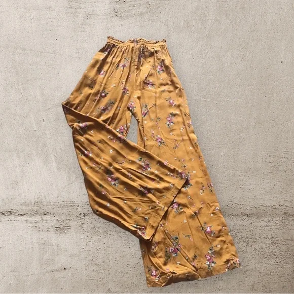 RE:NAMED Wide Leg Pants Mustard Print Pockets Elastic Waistband NWOT SZ S - Picture 3 of 7